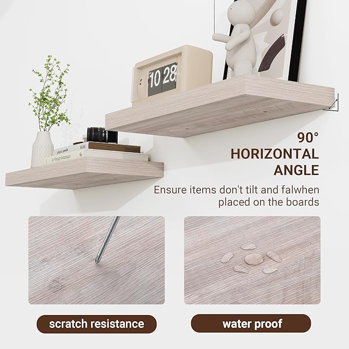 36 Inch Floating Shelves, 3D Textured Wood Grain, 36"x9.25"x1.5" Inch Deep Floating Shelves for Wall, Wooden Shelves for Bathroom, Bedroom, Living Room, Washed White