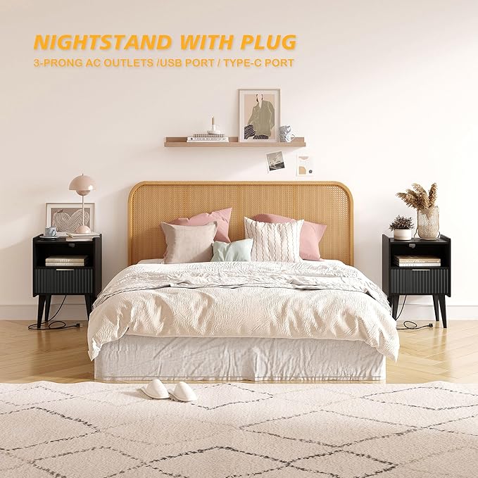 Fluted Nightstand with Charging Station, Modern Bedside Table with Drawer,Black Nightstand with Solid Wood Legs, End Table,Side Table for Living Room,Bedroom Black CTG57BKE