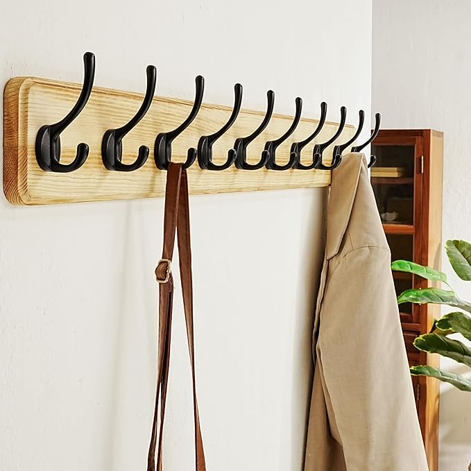 Dseap Coat Rack Wall: 38-1/4" Long, Patented, Heavy-Duty, 10-Double-Hooks Wooden Wall Mounted Coat Rack Coat Hanger Hook Rail for Winter Coats Hat Jacket Clothing, Light Brown, Pack of 2