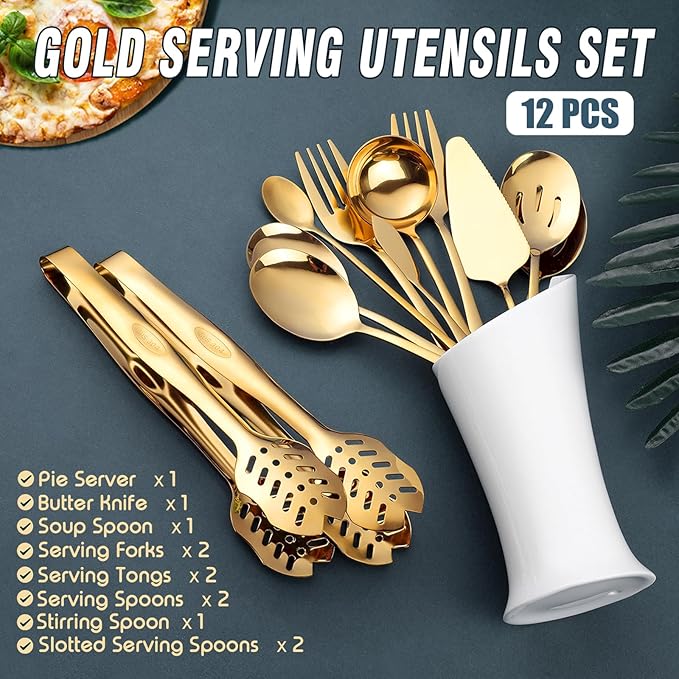 Gold Serving Utensils, OGORI 12-Piece Stainless Steel Serving Utensils Include Serving Spoons, Slotted Spoons, Serving Tongs, Serving Forks, Butter Knife, Stirring Spoon, Soup Ladle, Pie Server