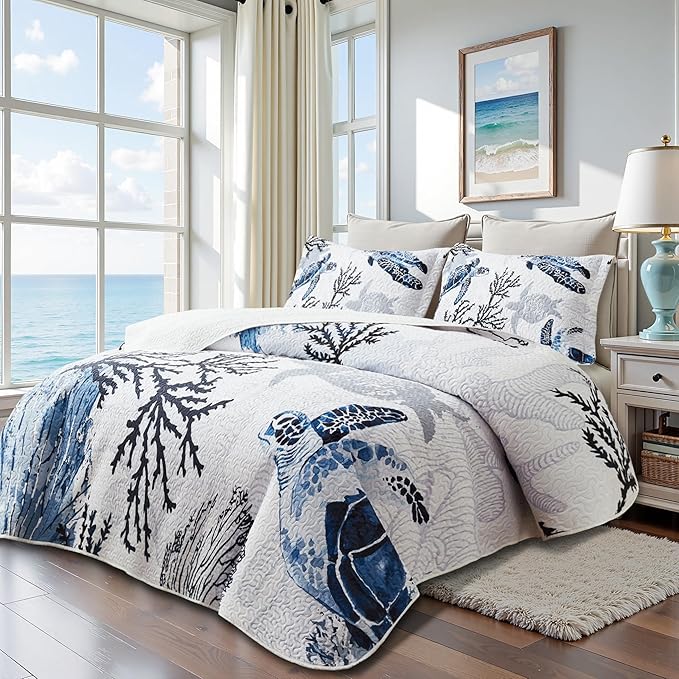 Coastal Bedding California King Size Coastal Quilt with 2 Shams, Nautical Beach Comforter Sets Ocean Bedspreads Blue Seaturtle Coverlet Summer Bedding, 106''x118''