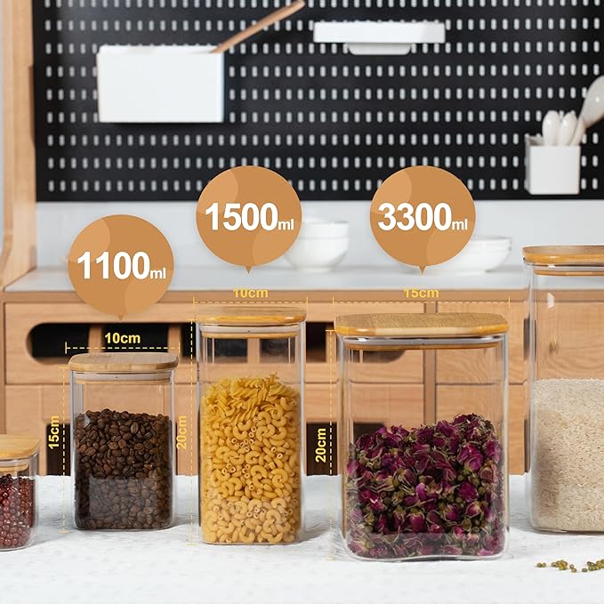 52oz Airtight Glass Square Storage Canister with Bamboo Lid Set of 3 (1550ml) Container Stackable Spice Jar, Kitchen Canister for Flour, Cookies, Cereal and Coffee beans (‎with Black Lable)