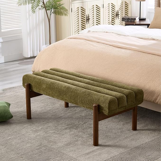 Green Upholstered Bench Modern End of Bed Bench Chenille Fabric Bedroom Bench for Entryway Living Room Vanity Makeup Room, 47" Long, Wooden Legs