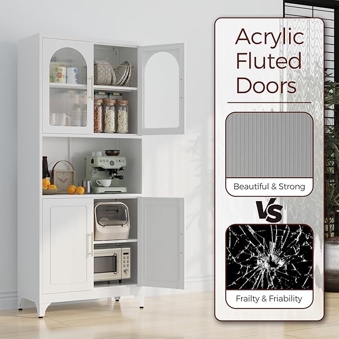 75" Tall Kitchen Pantry Cabinet, Metal Storage Cabinets with Acrylic Doors and Adjustable Shelves, Hutch Cabinet with Storage, White Microwave Stand Cabinets for Dining Living Room