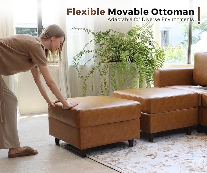 ABCASA 118.5" Faux Leather Modular Sectional Sofa, L Shaped Couch Set for Living Room, 6-Seater Comfy Cloud Couches with Movable Storage Ottoman Brown