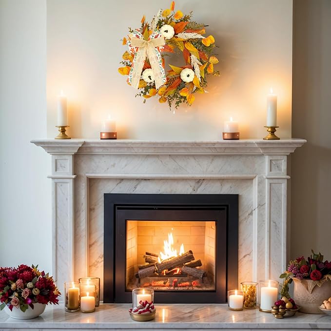 CYANBLOOM Fall Wreaths for Front Door: Rustic 20-22 Inch Bow Wreath with Golden Eucalyptus, White Pumpkins & Wheat - Lovely Warm Vibes Outdoor Indoor Farmhouse Decor for Halloween Thanksgiving Autumn