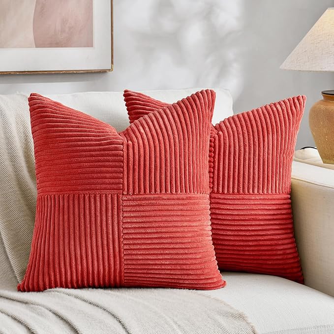 Fancy Homi 2 Packs Red Euro Decorative Throw Pillow Covers 26x26 Inch for Couch Bed Sofa, Holiday Christmas Home Decor Gift, Soft Corss Corduroy Patchwork Textured Square Cushion Case 66x66 cm