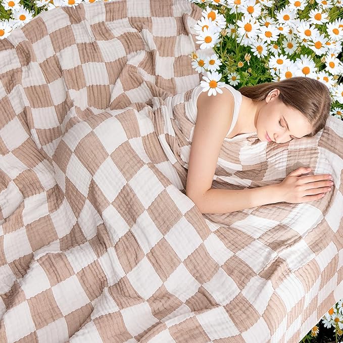 EMME Checkered Cotton Blanket Queen Size for Bed Soft Large Muslin Bed Blankets 80"x90" Lightweight Breathable Cooling All Season Gauze, Light Tan
