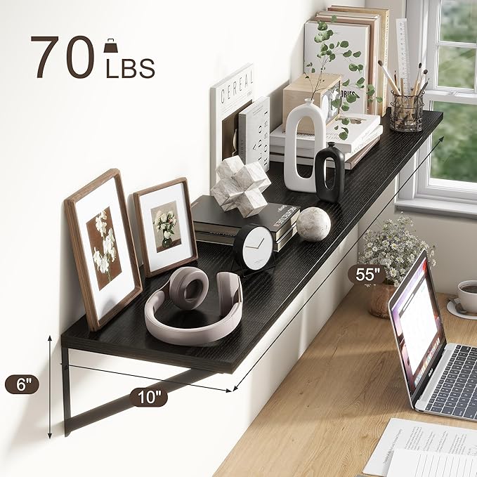Floating Shelves 55 Inch Long, 10" Deep Floating Shelves, Black Wall Shelves 55 x 10, Set of 2, Wide Large Display Storage Shelves for Bathroom, Living Room, Rustic Wood Shelves with Brackets