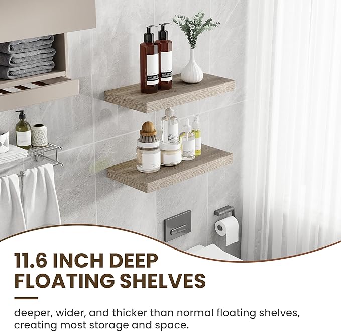 24 Inch Floating Shelves, 11.6 Inch Deep Floating Shelves for Wall, Floating Shelf with Invisible Brackets, Deep Shelves for Bathroom, Bedroom, Living Room, 2 Pack, Vintage Gray Oak