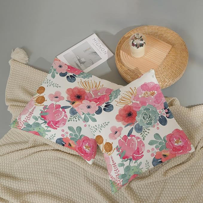 CXMEIFLY Spring Floral Pillow Covers 16 x 16 Inch Set of 2 for Watercolor Pink Flowers Decor Throw Pillows Green Leaves Plant Outdoor Decorative Cushion Cases with Zipper for Couch Bed Decorations