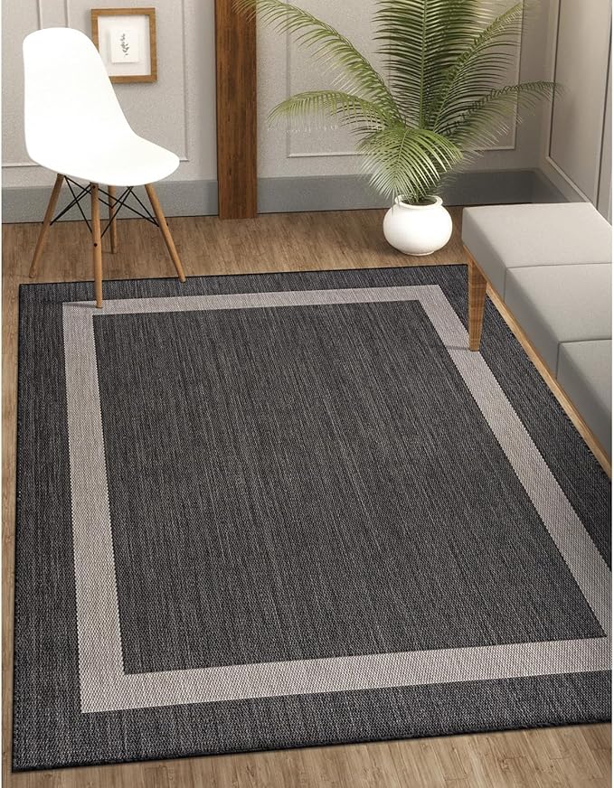 CAMILSON Outdoor Rug 10x14, Large Modern Outside Rugs for Patios Porches Waterproof Durable Washable Non-Shedding, Easy-to-Clean Indoor Outdoor Area Carpet (10 x 14, Bordered - Dark Gray/Light Gray)