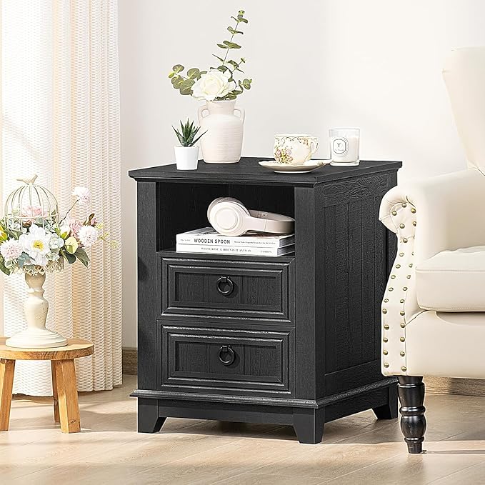 18" Night Stands Set of 2 with Charging Station, Farmhouse 2 & 3 Drawers End Table Dresser for Bedroom, Black Wooden Nightstand, Bed Side Table with Open Shelf, Bedside Cabinet for Living Room