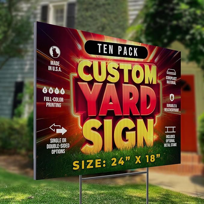 10 Pack 24"x18" Custom Yard Signs with Stakes, Personalized Yard Signs for Outdoors, Customized Full Color Print Corrugated Signs for Business