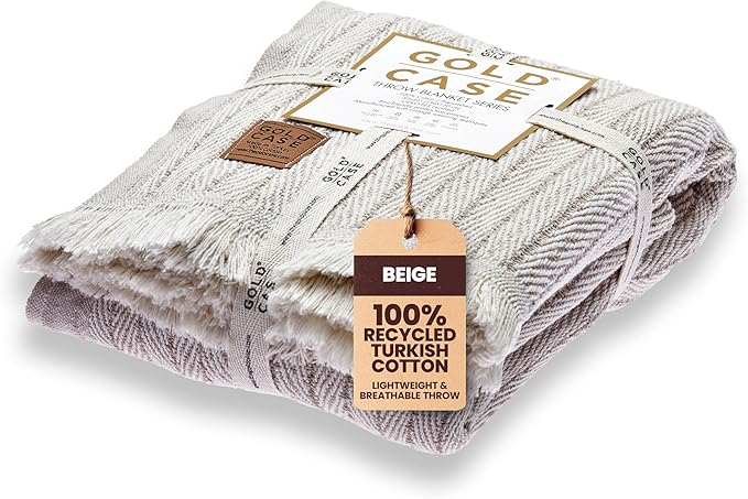 Gold Case Throw Blanket for Couch – 100% Recycled Turkish Cotton Blankets & Throws – Elegant Decorative Throw Blankets for Living Room Sofa – Woven Throws for Couch – Vintage Beige – 60x80