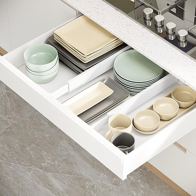 BAMEOS Drawer Dividers Bamboo Separators Organization Expandable Organizers for Kitchen Bedroom Bathroom Dresser Office 4-pack