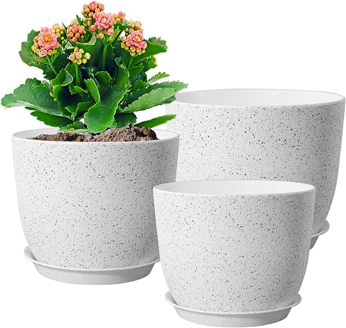 10/9/8 inch Medium Plant Pots, Set of 3 Modern Decorative Plastic Planters with Drainage Holes and Saucers for Garden House Plants, Flower Pots for Indoor Outdoor Plants, Speckled White