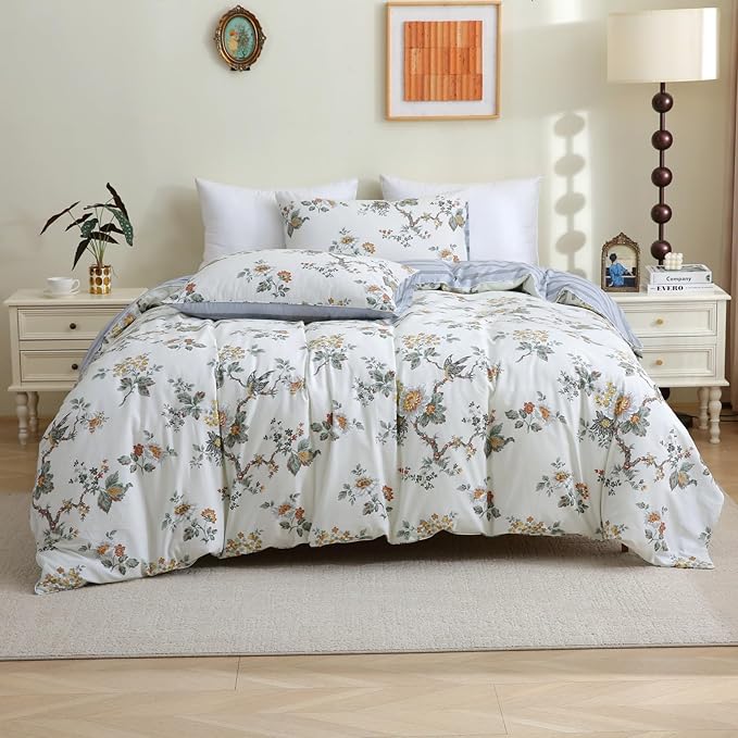 ABREEZE Floral Duvet Cover Queen Size Set Bird Flowers Bedding Set 100% Brushed Cotton Bedding Collection 1 Duvet Cover with 2 Pillowcases White
