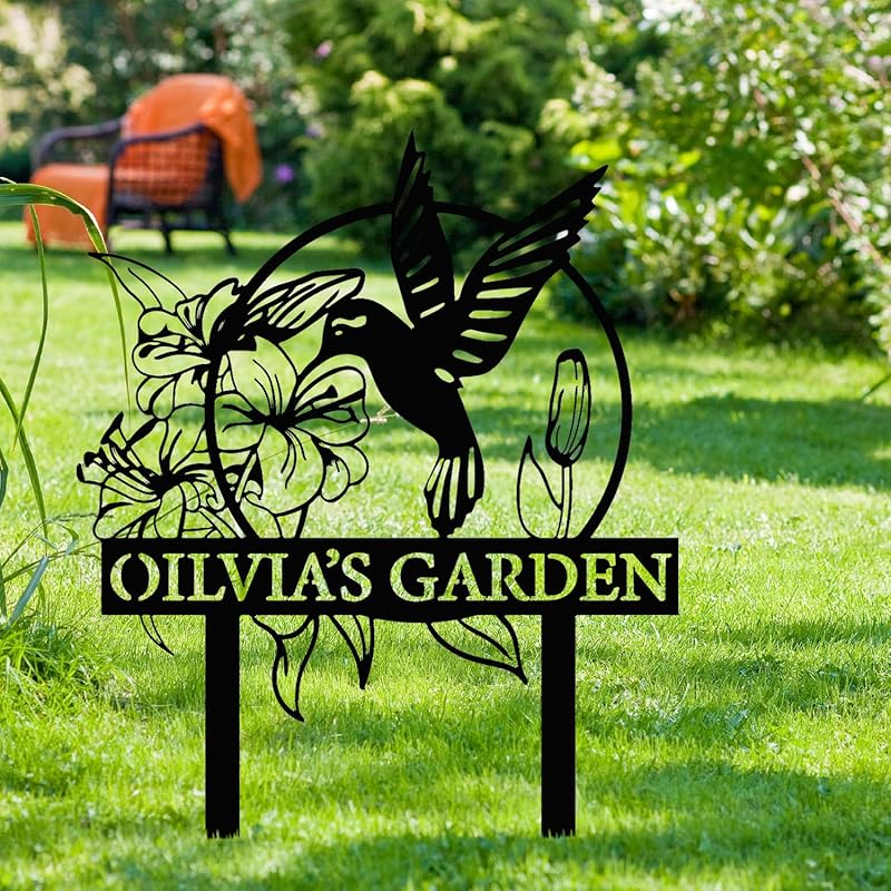 Custom Hummingbird Metal Garden Decor, Personalized Bird with Stakes Garden Sign, Flower Design Personalized Garden Sign, Custom Garden Name Sign, Home Gift, Large Outdoor Decor, Patio Decor