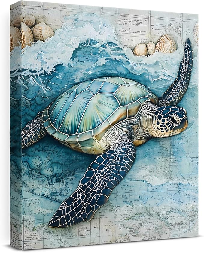 Coastal Sea Turtle Canvas Wall Art Turtle Nautical Ocean Theme Print Poster Framed Picture Painting for Home Beach House Bedroom Wall Decor 8x10 Inch