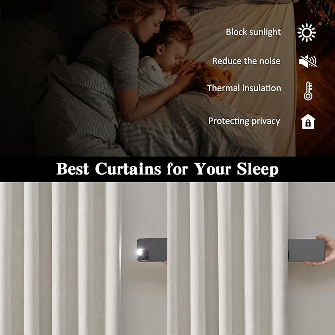 2 PCs Extra Wide Linen Blackout Curtains 100 Inches Long,Back Tab Pleaetd Drapes with Hooks Track System Curtain Panels Room Divider Curtains for Patio Sliding Door Living Room 70 x 100 Natural Birch