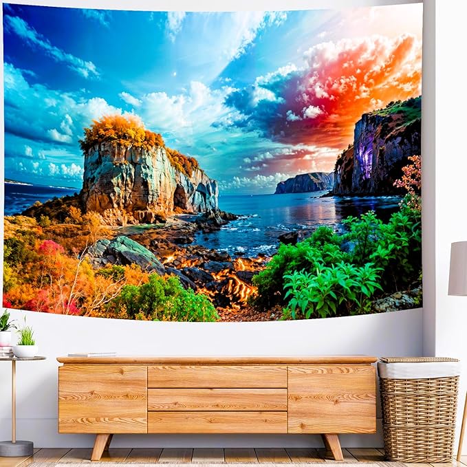Delur Coastal Ocean Beach Tapestry Tropical Forest Tree Sunrise Sea Landscape Tapestry Wall Hanging Wave Sunset Nature Colorful Spiritual Headboard for Bedroom Living Room Home Decor (70.8" x 92.5")