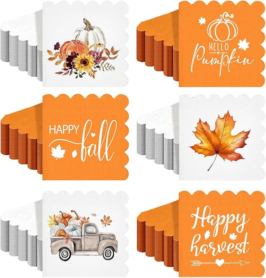 150 Pcs 5 x 5 Inches Fall Thanksgiving Paper Napkins Autumn Pumpkin Scalloped Cocktail Napkins for Decoupage Disposable Autumn Harvest Party Supply Bathroom Table Dessert Dinner Wedding Decor