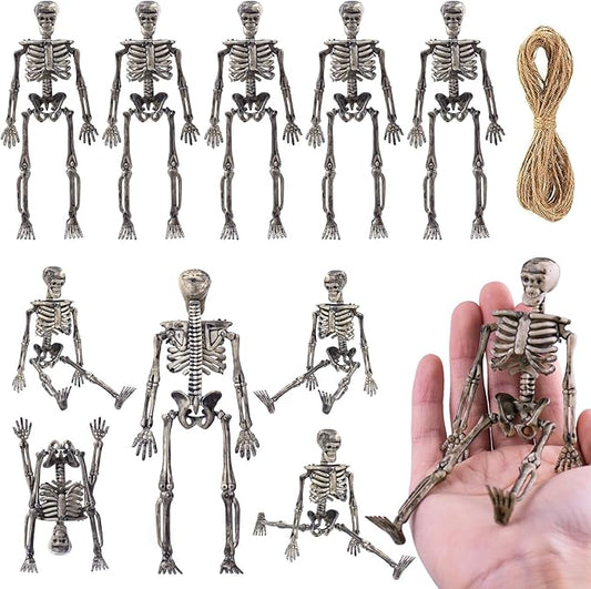 10 Pcs mini skeleton halloween decoration With hemp rope，6”small plastic posable halloween tiny skeleton figurines decor for Halloween Indoor Outdoor Graveyard Decor Haunted House Party Favors