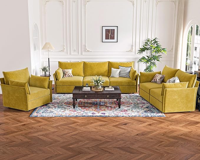 134.6" Modular Sectional Sofa, Oversized 4 Seater Couch with Removable Yellow Chenille Fabric Cover, Deep Seat & High Backrest for Living Room, Office & Apartment