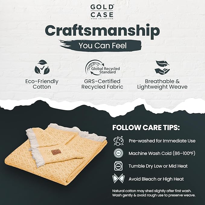 Gold Case Throw Blanket for Couch – 100% Recycled Turkish Cotton Blankets & Throws – Elegant Decorative Throw Blankets for Living Room Sofa – Woven Throws for Couch – Retro Mustard – 50x60