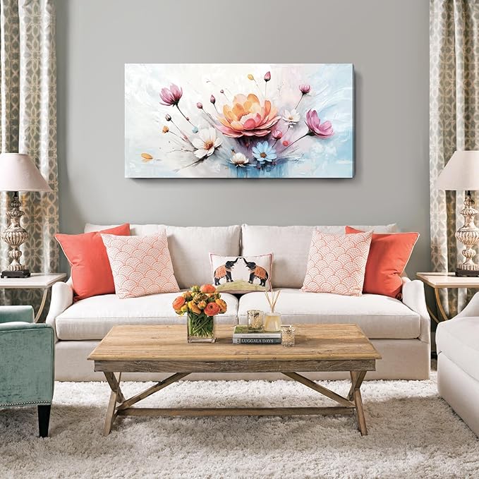 amatop Large Floral Wall Art – Modern Pink White and Blue Abstract Colorful Flower Bouquet Print Large Botanical Canvas Picture Nature Artwork Wall Decor for Living Room Bedroom Office 48x24 inch