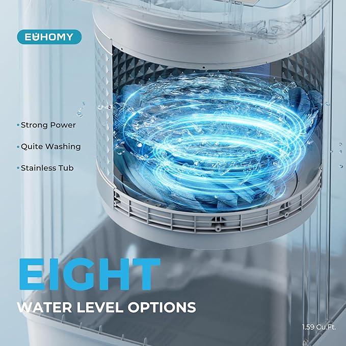Euhomy 1.59 Cu.Ft. Portable Washing Machine, 11 LBS Capacity, 8 Functions, 8 Water Levels,Full Size Washing Machine with Drain Pump and LED Display for Apartments, RVs, Homes, Gray