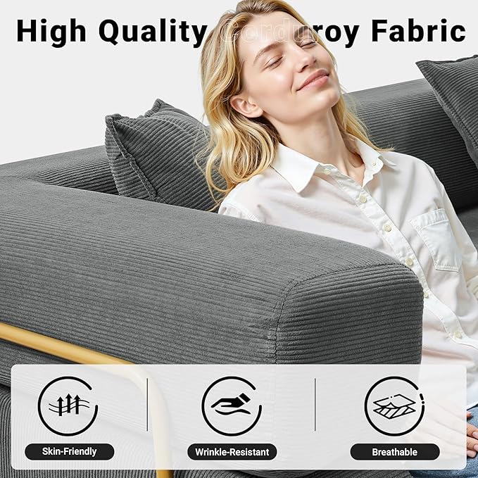 108" Oversized Convertible Sleeper Sofa Bed, Corduroy L Shape Sectional Couch, Folding Sofa Bed with Side Pocket, Modern Cloud Floor Mattress Couch, Modular Sofa for Living Room, Grey