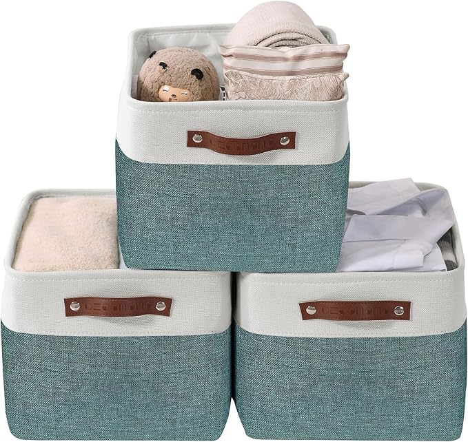 DECOMOMO Storage Bins Fabric Storage Baskets for Shelves, Linen Closet Organization Toys Nursery (Green and White, Large - 3 Pack)
