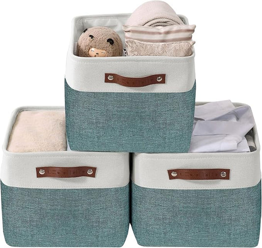 DECOMOMO Storage Bins Fabric Storage Baskets for Shelves, Linen Closet Organization Toys Nursery (Green and White, Large - 3 Pack)