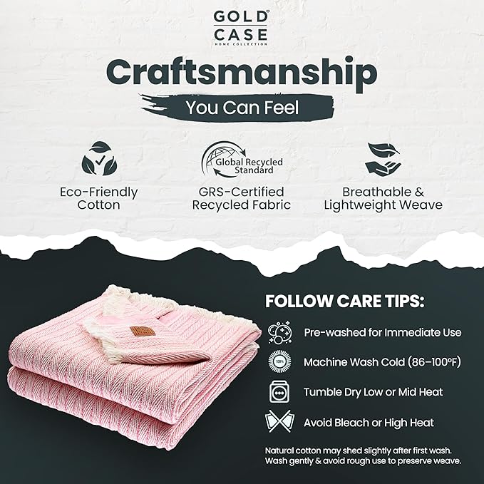 Gold Case Throw Blanket for Couch – 100% Recycled Turkish Cotton Blankets & Throws – Elegant Decorative Throw Blankets for Living Room Sofa – Woven Throws for Couch – Vintage Pink – 50x60 (Set of 2)