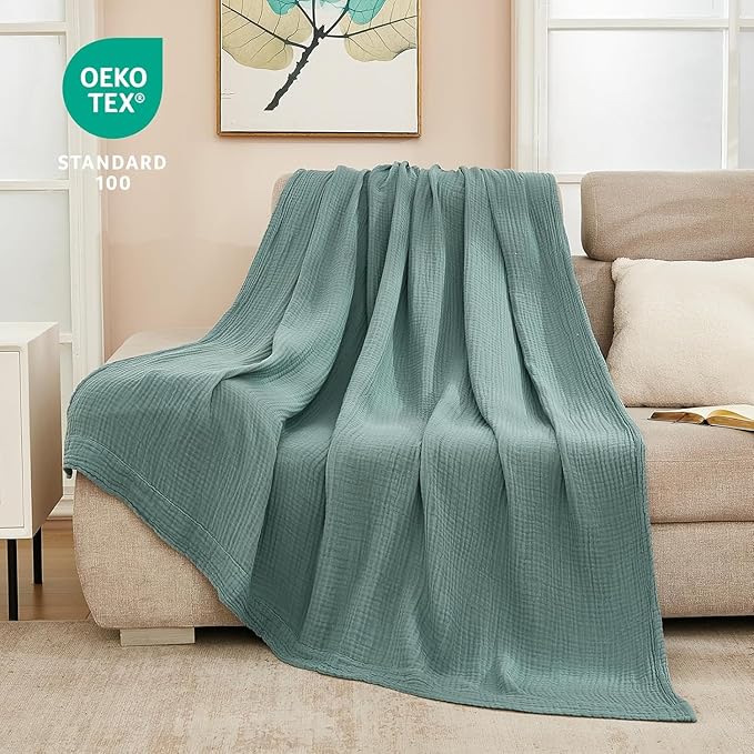 EMME Muslin Twin Blankets for Couch Breathable Gauze All Season Soft and Lightweight Pre-Washed Cotton Blanket (Teal, 60"x80")