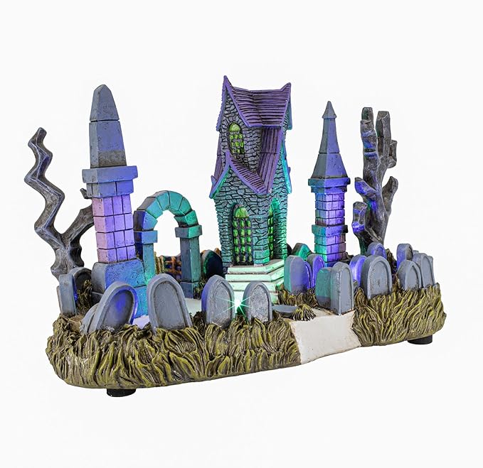 Cemetery Yard Graveyard Grave Theme Spooky Halloween Village Colorful LED Lights 9.25"x 5" x 6.25"