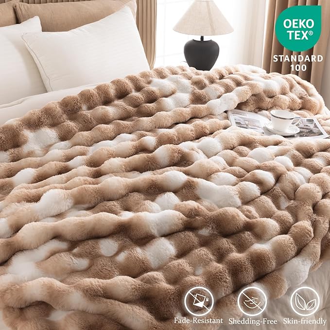 Cozy Faux Fur Throw Blanket for Couch-Warm Fuzzy Throw Blanket, Soft Plush Thick Bubble Blankets for Bedroom and Living Room, Furry Luxury Blanket, 50 x 60, Tie-Dye Brown