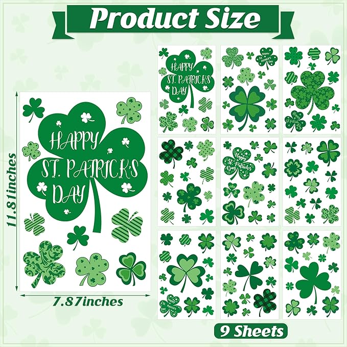 9 Sheets St Patricks Day Window Clings, 115 PCS St Patrick's Day Shamrock Window Stickers for St Patricks Day Decorations, Green Static Spring Window Clings for Glass Windows St Patricks Day Decor