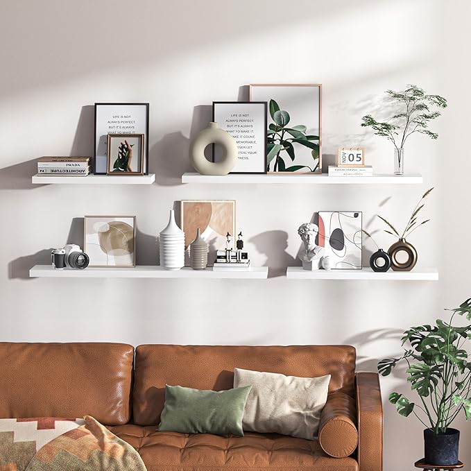 Fun Memories Farmhouse Floating Shelves - 8 Inch Deep Rustic Wood Wall Shelf - Premium Solid Pine Wood Storage Shelf for Kitchen Living Room Bedroom - 30" W x 8" D - Set of 2 - White