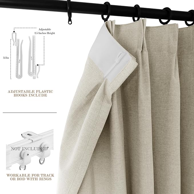 100% Blackout Linen Textured Drapes for Bedroom Pinch Pleated Curtains for Track System Portable Drapery for Sliding Glass Door/Storage/Space Room Divider, 70" Wx102 L, 1 PC, Ivory White
