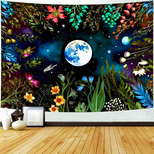 Delur Moonlit Garden Tapestry Boho Moon Floral Plant Tapestry Wall Hanging Colorful Flower Botanical Nature Night Landscape Headboard for Bedroom Living Room Home Decor (51.2" x 59.1")