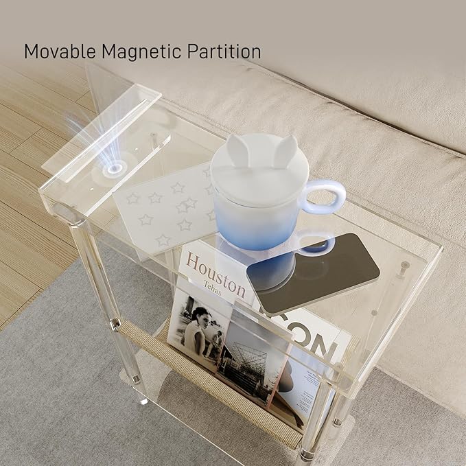 Eglaf Acrylic Narrow Side Table for Small Spaces - Slim End Table with Magazine Holder - Skinny Side Table Small Bedside Table Nightstand for Living Room Bedroom- 15.7” L x 7” W x 23.9” H, Clear
