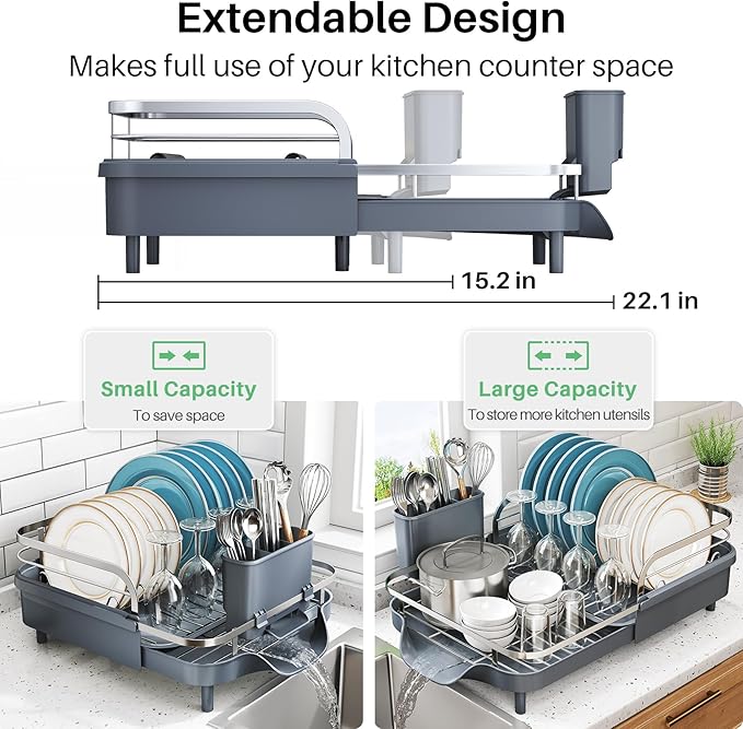 Dish Drying Rack, Expandable Dish Rack for Kitchen Counter, Stainless Steel Dish Drainer with Drainboard Set and Utensil Holder (Gray)