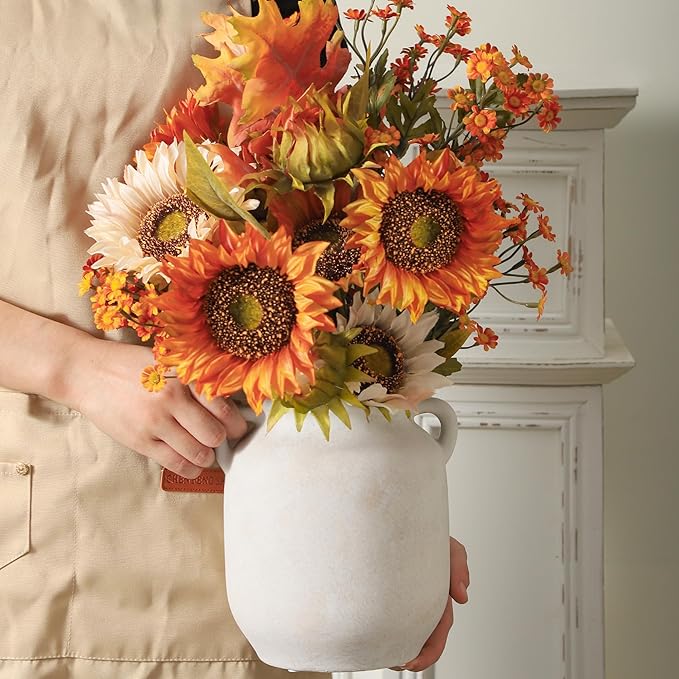 Ceramic Flower Vase Home Decor - 7.6 Inch Farmhouse Rustic White Table Vases with Handle Living Room Decoration Decorative Vintage Pottery for Kitchen Shelf Coffee Dining Desk Bookshelf Fireplace