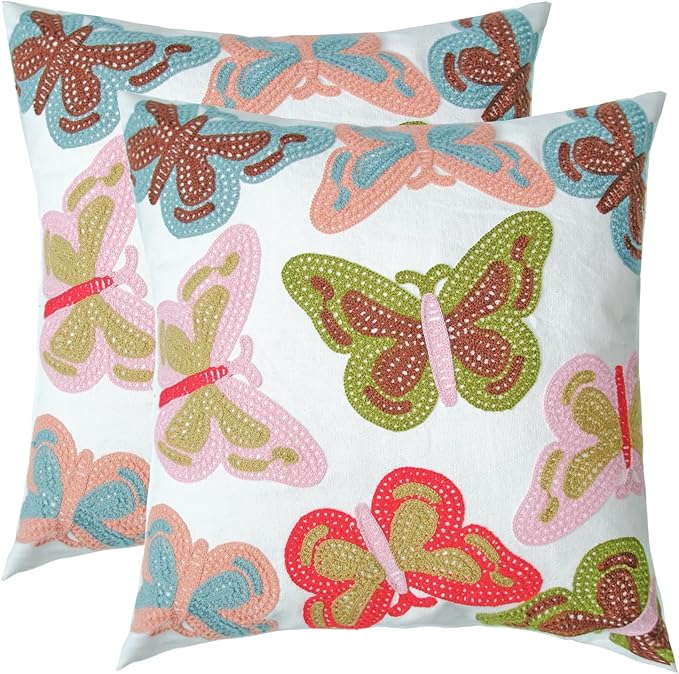 Embroidered Decorative Throw Pillow Cover, 18"x18" Set of 2, Farmhouse Pillowcase Colorful Butterfly Knit Pattern Cotton Canvas Cushion Case Square Floral Pillow Case for Sofa Couch Bed Living Room