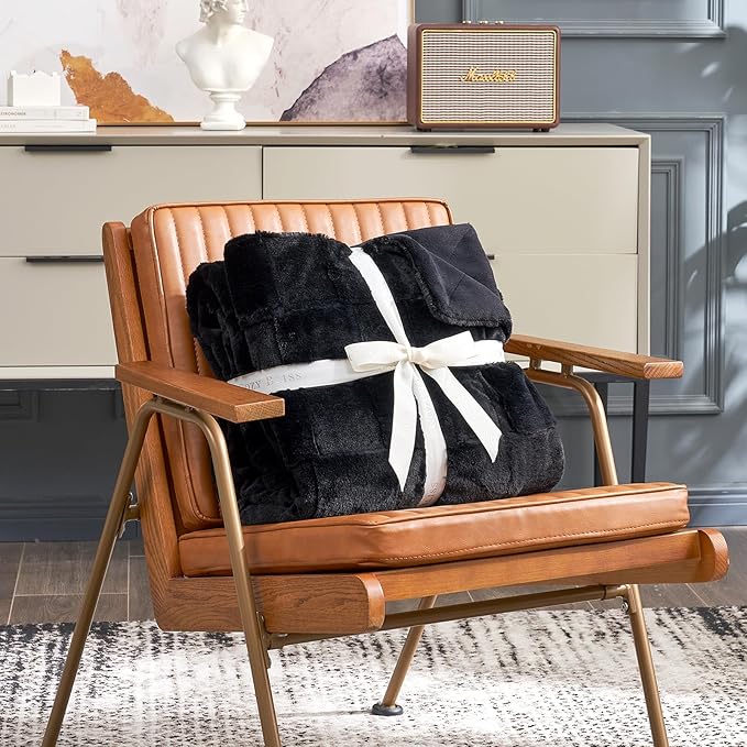 Cozy Bliss Checkered White Faux Rabbit Fur Throw Blanket, Soft Fuzzy Fluffy Minky Cream Furry Blankets for Couch, Bed (Black, King(108" x 90")