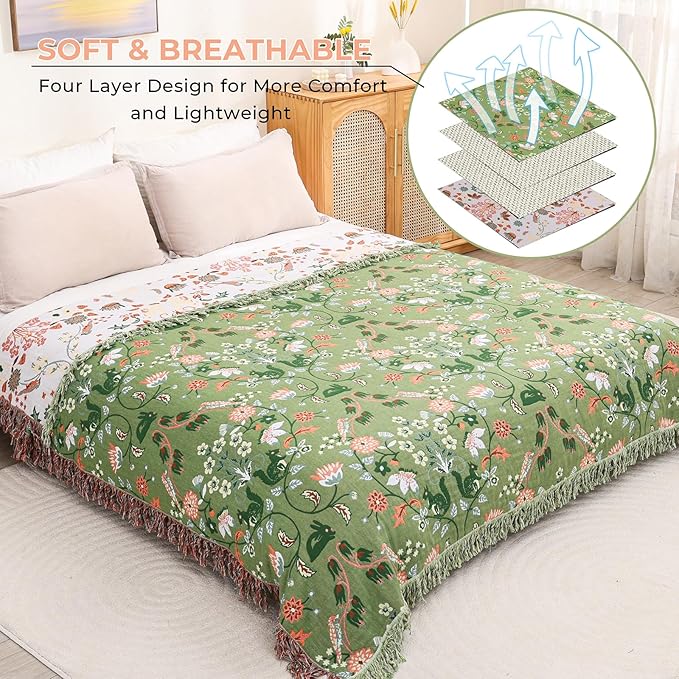 Boho Ultra Soft Throw Blanket 60''x80',100% Cotton Blankets for Couch Bed,Squirrel Farmhouse Home Decor Bed Blankets, All Season Rustic Reversible Bohemian Lightweight Throw for Bed -Light Green ﻿