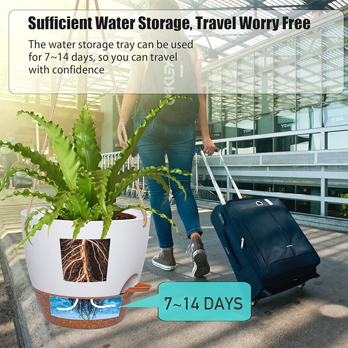 10 Inch Self Watering Hanging Pots, 2 Pack Hanging Planters with 40oZ Deep Reservior for Indoor Outdoor Plants Flowers, White with Brown